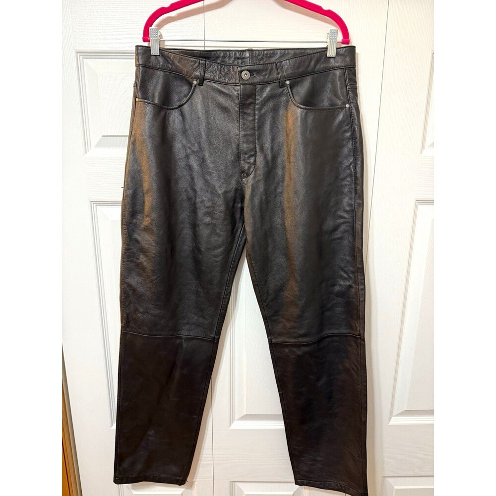 ZARA Black Genuine Leather Straight-Leg Pants with Pockets Button Closure